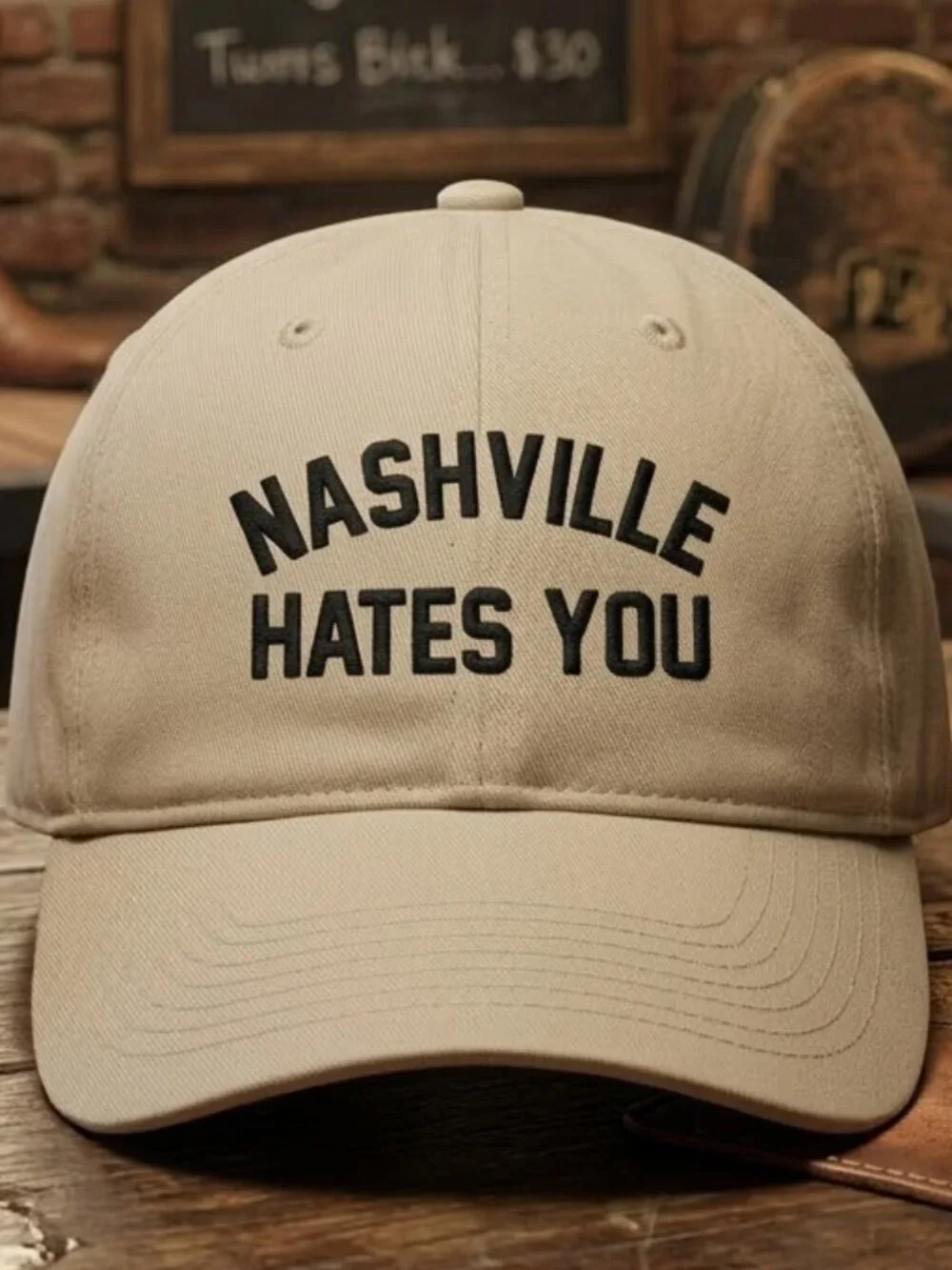 Retro Nashville Hates You Funny Embroidered Dad Hat Beige Khaki Cap New 90s Gag